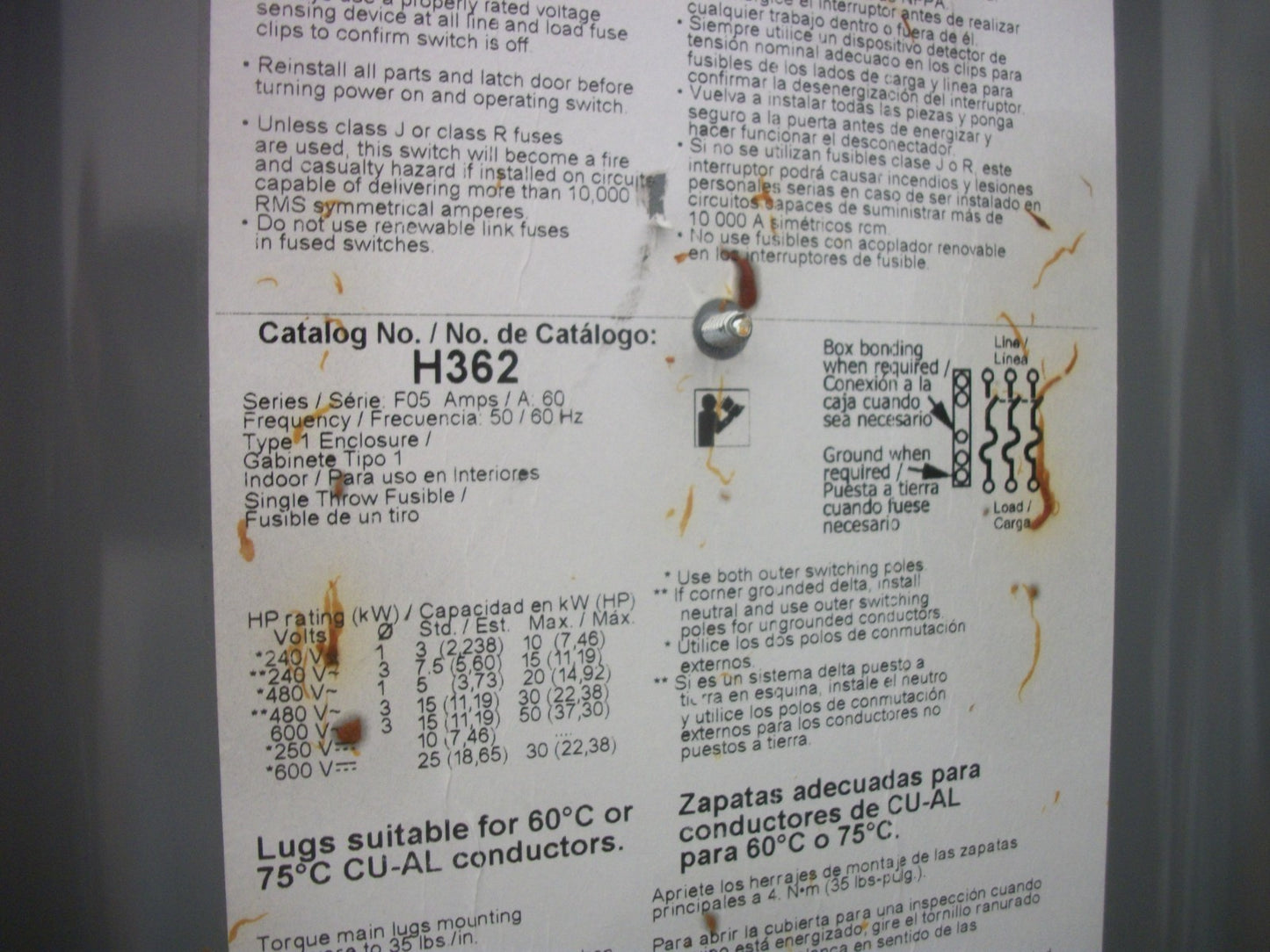 SQUARE D DISCONNECT TYPE 1 H362 60AMP 600VOLT 3POLE FUSIBLE