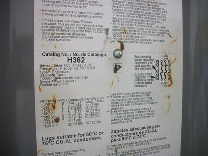 SQUARE D DISCONNECT TYPE 1 H362 60AMP 600VOLT 3POLE FUSIBLE