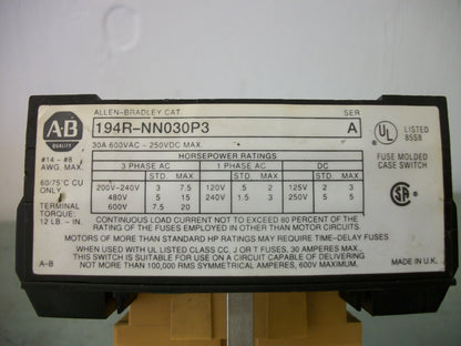 ALLEN-BRADLEY NON-FUSIBLE DISCONNECT SWITCH SER A 194R-NN030P3 30AMP 600V 3POLE