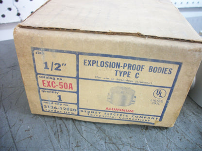GEDNEY ELECTRIC 1/2" EXPLOSION PROOF STRAIGHT THROUGH OUTLET BOX EXC-50A NIB