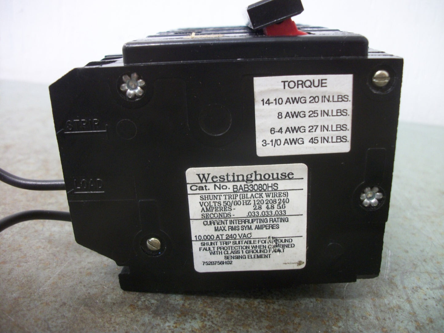 WESTINGHOUSE BA CIRCUIT BREAKER BAB3080HS 80AMP 240VOLT 3POLE W/SHUNT