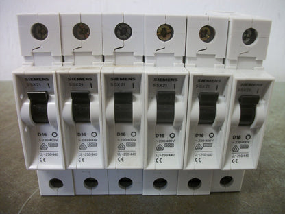SIEMENS LOT OF 6 MINI CIRCUIT BREAKERS 5SX21D16 16AMP 230/400VOLT 1POLE