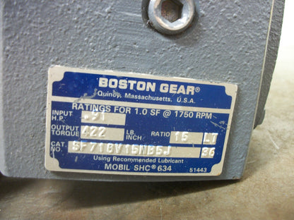 BOSTON GEAR .91HP SPEED REDUCER SF718V15NB5J 1.0 SF @ 1750RPM 15 RATIO NIB