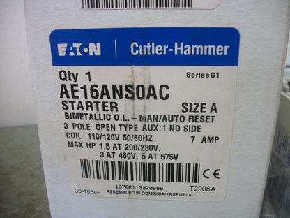 CUTLER-HAMMER SIZE A MOTOR STARTER AE16ANS0AC 7AMP 120VCOIL 3PH 600V 5HP NIB