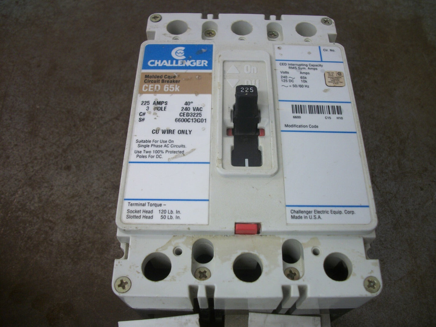 CHALLENGER CED CIRCUIT BREAKER CED3225 225AMP 240VOLT 3POLE W/HARDWARE