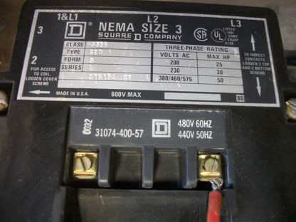 SQUARE D SIZE 3 REV MOTOR STARTER 8536SEO1 480VCOIL 3PH 600V 50HP