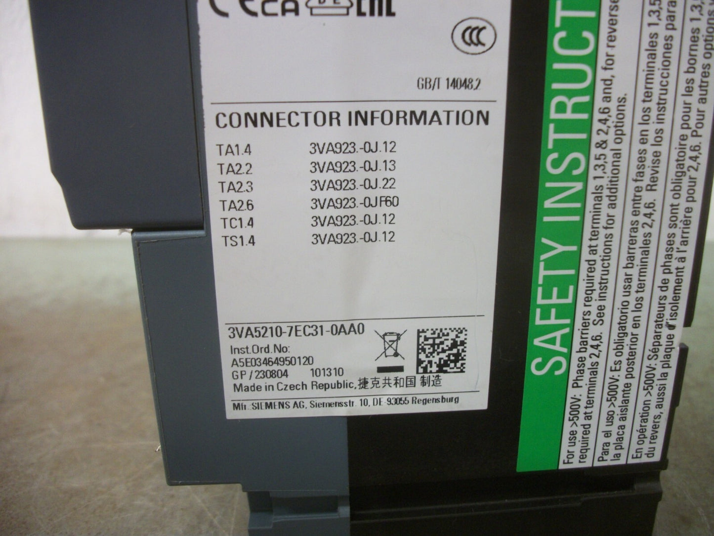 SIEMENS 3VA5 CIRCUIT BREAKER 3VA5210-7EC31-0AA0 100AMP 600VOLT 3POLE NOB