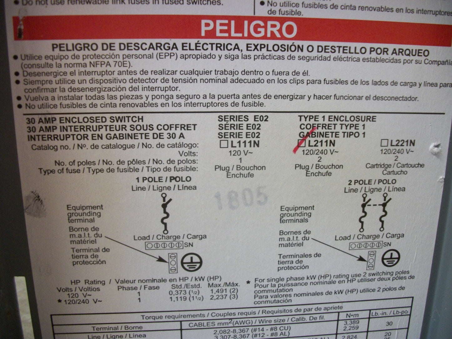 SQUARE D DISCONNECT TYPE 1 L211N 30AMP 240VOLT 2POLE FUSIBLE