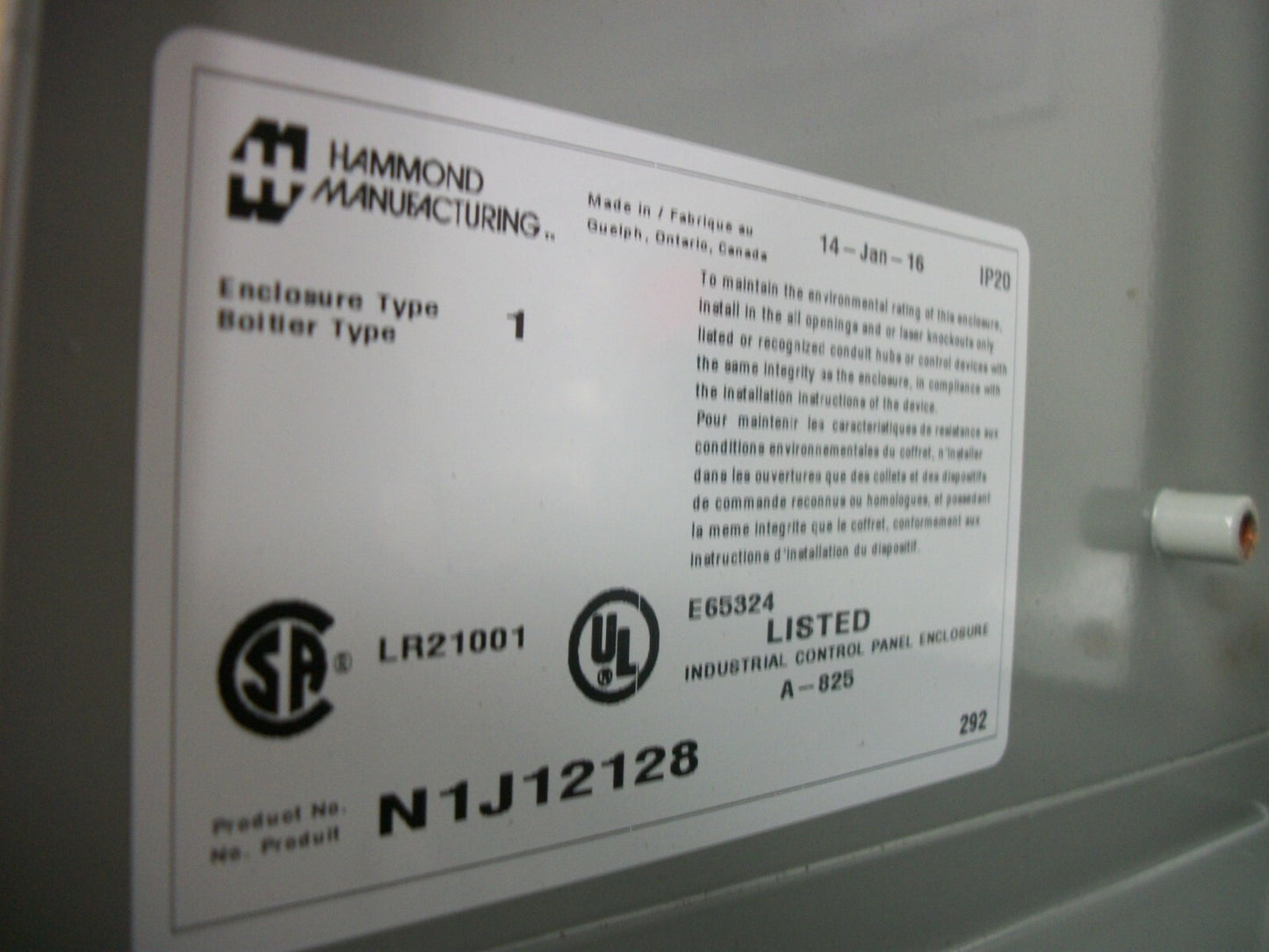 HAMMOND 12X12X8 ENCLOSURE TYPE 1 N1J12128 NOB
