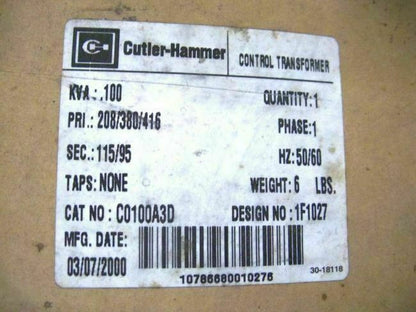 CUTLER-HAMMER .100KVA 1PH TRANSFORMER C0100A3D HV 208/416 LV 115/95 *NIB*