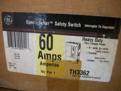 GE DISCONNECT TYPE 1 TH3362 60AMP 600VOLT 3POLE FUSIBLE NIB