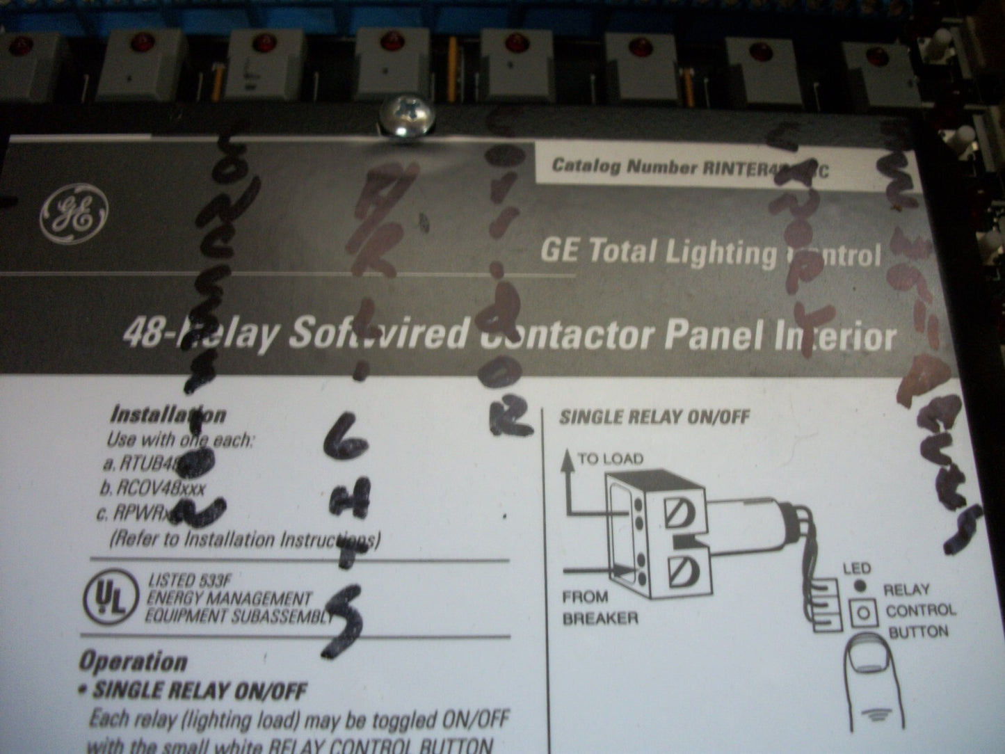 GE 48-RELAY SOFTWIRED CONTACTOR LIGHTING CONTROL PANEL CABINET RINTER4848SC