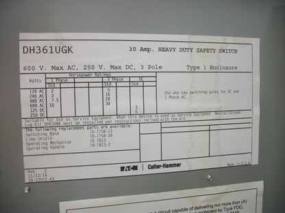 CUTLER-HAMMER DISCONNECT TYPE 1 DH361UGK 30AMP 600VOLT 3POLE NON-FUSIBLE