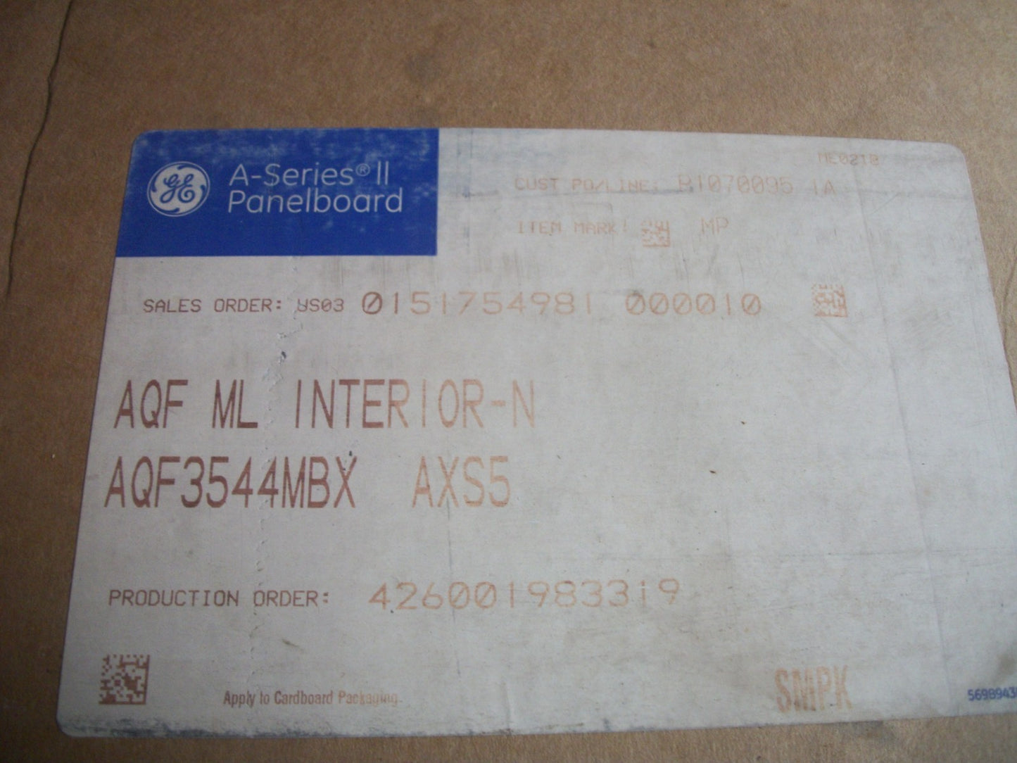 GE A-SERIES II 64" PANELBOARD INTERIOR AQF3544MBX & BOX ENCLOSURE AB64B NIB