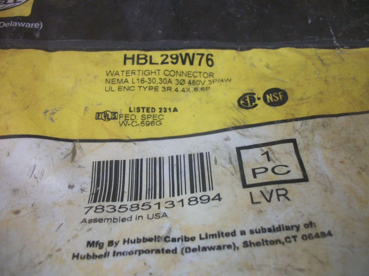 HUBBELL WATERTIGHT CONNECTOR HBL29W76 30AMP 480VOLT 3PH 3P 4W NEW