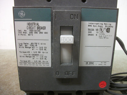 GE TEB CIRCUIT BREAKER TEB132100 100AMP 240VOLT 3POLE GREEN W/SHUNT NOB