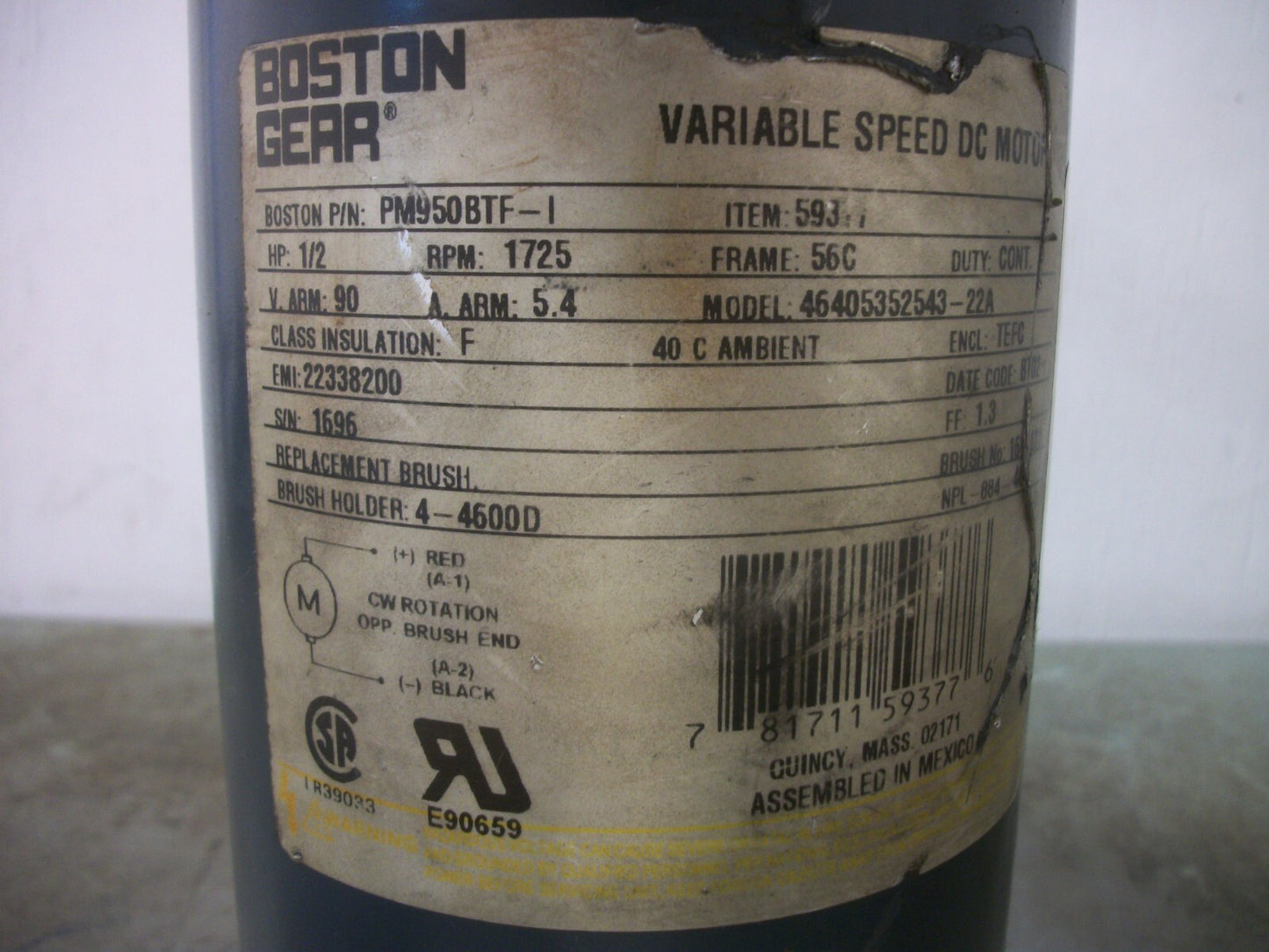 BOSTON GEAR 1/2HP 56C TEFC DC MOTOR PM950BTF-I 90VDC 1725RPM
