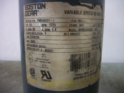 BOSTON GEAR 1/2HP 56C TEFC DC MOTOR PM950BTF-I 90VDC 1725RPM