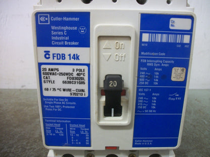 CUTLER-HAMMER FDB CIRCUIT BREAKER FDB3020L 20AMP 600VOLT 3POLE BLUE NOB