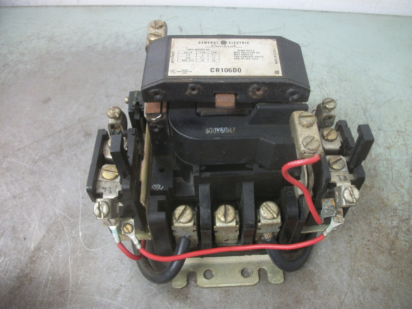 GE SIZE 2 MOTOR STARTER CR106D0 45AMP 600VCOIL 3PH 600V 25HP