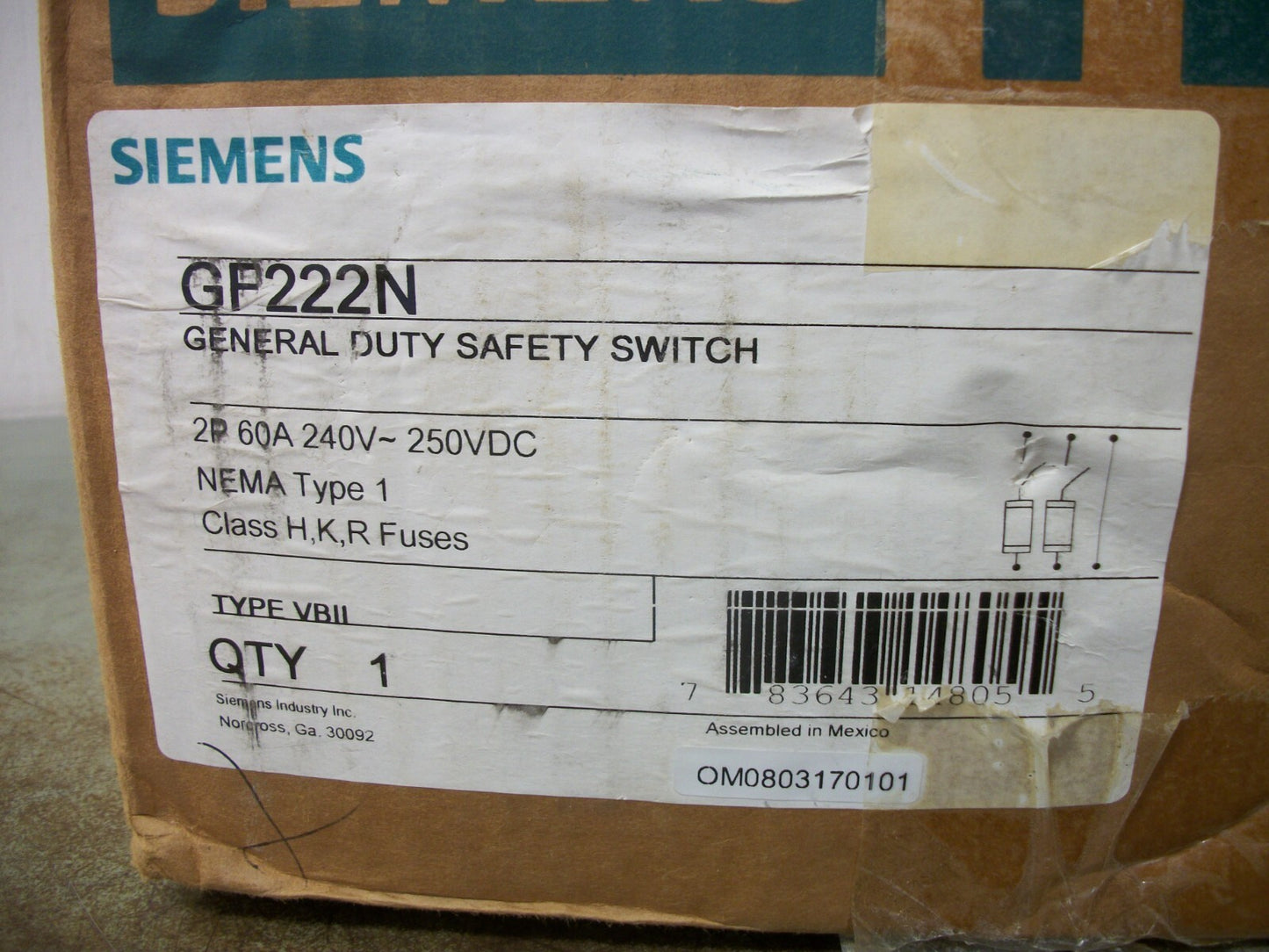 SIEMENS DISCONNECT TYPE 1 GF222N 60AMP 240VOLT 2POLE FUSIBLE NIB