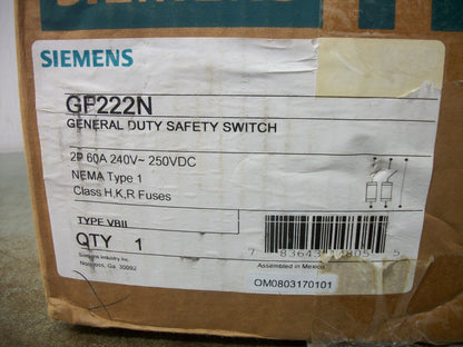 SIEMENS DISCONNECT TYPE 1 GF222N 60AMP 240VOLT 2POLE FUSIBLE NIB