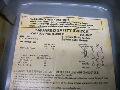 SQUARE D DISCONNECT TYPE 1 H322N 60AMP 240VOLT 3POLE FUSIBLE OLD