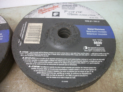 MILWAUKEE LOT OF 10 TYPE 27 7"X1/4"X 7/8" METAL/STAIN GRINDING DISCS 49-94-7020
