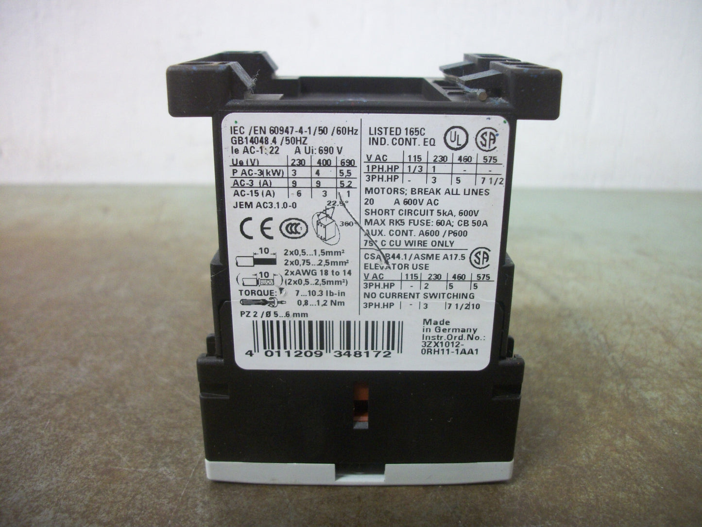 SIEMENS CONTACTOR 3RT1016-1AK61 120VCOIL 20AMP 3PH 600V 7.5HP