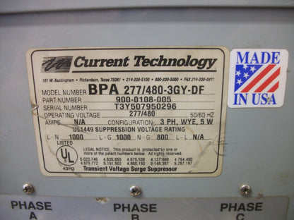 CURRENT TECHNOLOGY TRANSIENT VOLTAGE SURGE SUPPRESSOR BPA 277/480-3GY-DF