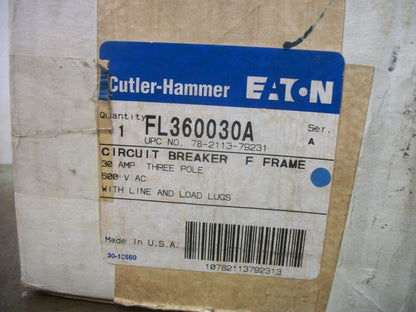 CUTLER-HAMMER FL CIRCUIT BREAKER FL360030A 30AMP 600VOLT 3POLE NIB