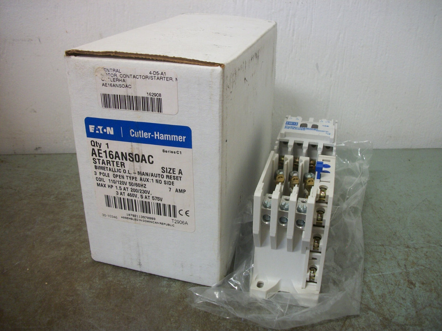 CUTLER-HAMMER SIZE A MOTOR STARTER AE16ANS0AC 7AMP 120VCOIL 3PH 600V 5HP NIB