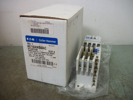 CUTLER-HAMMER SIZE A MOTOR STARTER AE16ANS0AC 7AMP 120VCOIL 3PH 600V 5HP NIB