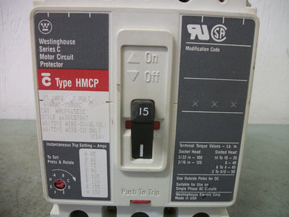 WESTINGHOUSE HMCP CIRCUIT BREAKER HMCP015E0C 15AMP 600VOLT 3POLE
