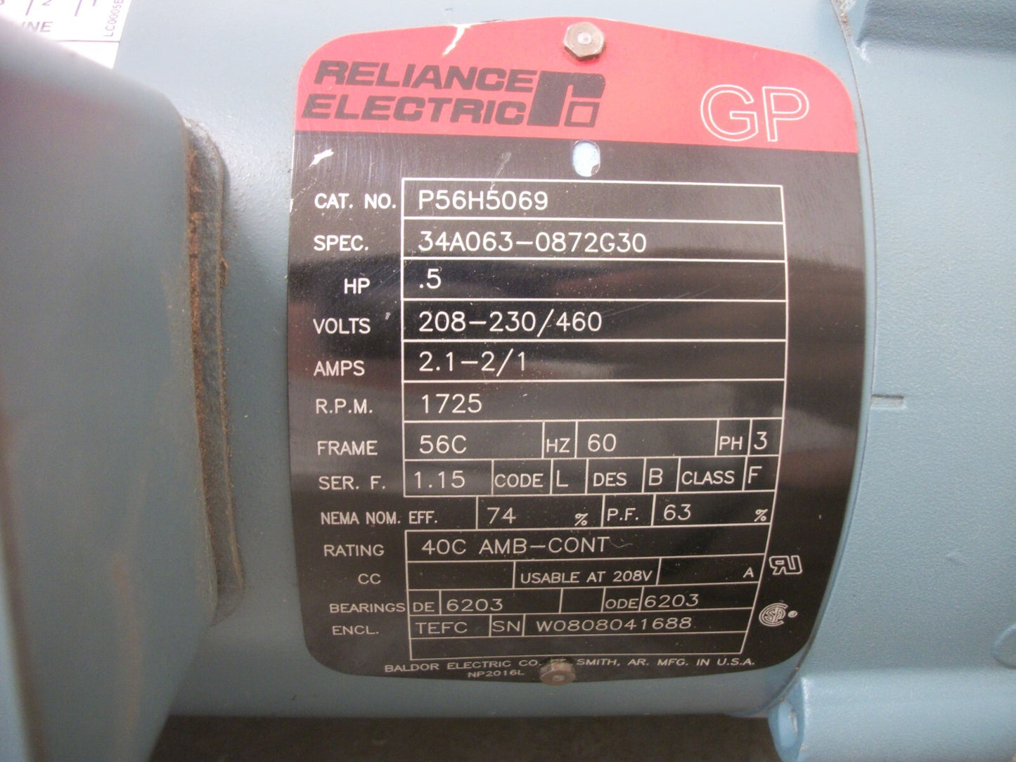 RELIANCE 1/2HP 56C TEFC AC MOTOR P56H5069 460VOLT 3PH 1725RPM