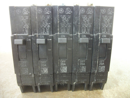 GE LOT OF 5 TEY CIRCUIT BREAKERS TEY120 20AMP 277VOLT 1POLE