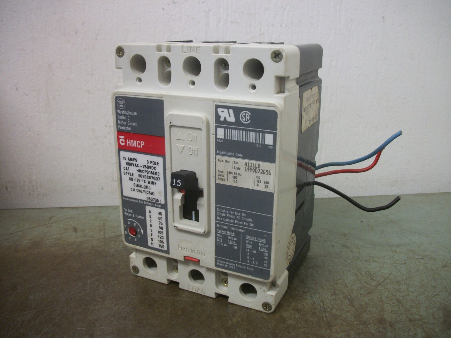 WESTINGHOUSE HMCP CIRCUIT BREAKER HMCP015E0C 15AMP 600VOLT 3POLE W/AUX