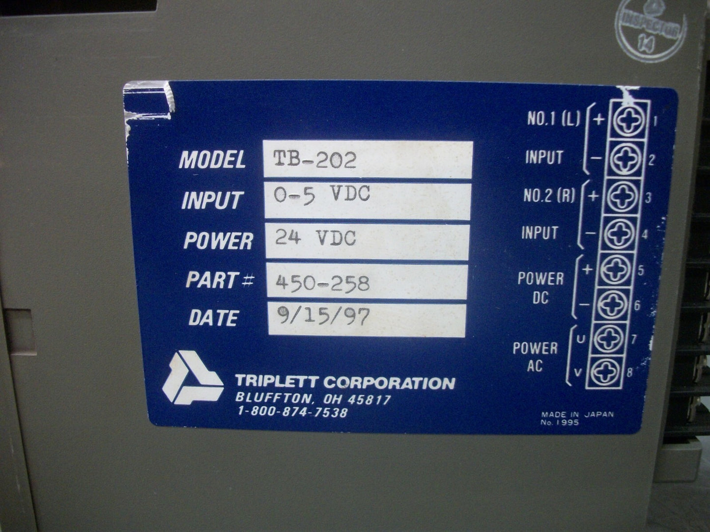 TRIPLETT CORP TB-202 POWER SUPPLY MODULE 450-258 POWER 24VDC INPUT 0-5VDC