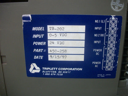 TRIPLETT CORP TB-202 POWER SUPPLY MODULE 450-258 POWER 24VDC INPUT 0-5VDC