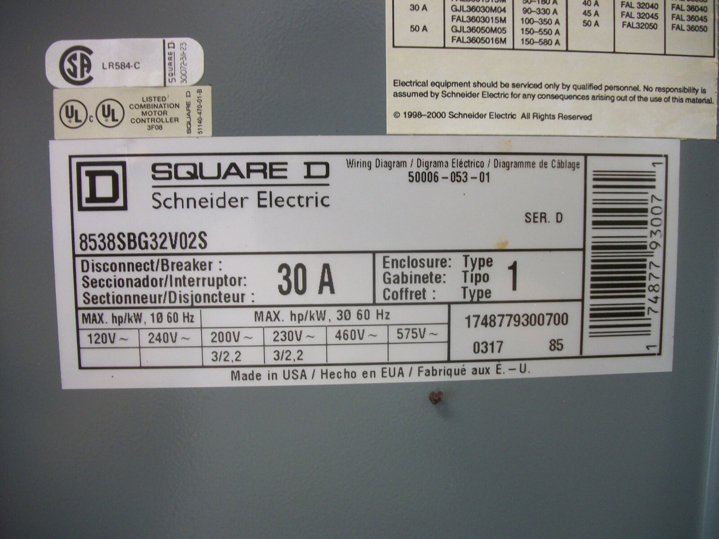 SQUARE D STARTER COMBO SIZE 0 TYPE 1 8536SBO2S 120VCOIL 600V 3PH 30AMP FUSIBLE