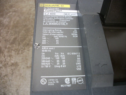 SQUARE D POWERPACT LJ CIRCUIT BREAKER LJL36400U31XLY 400AMP 600VOLT 3POLE