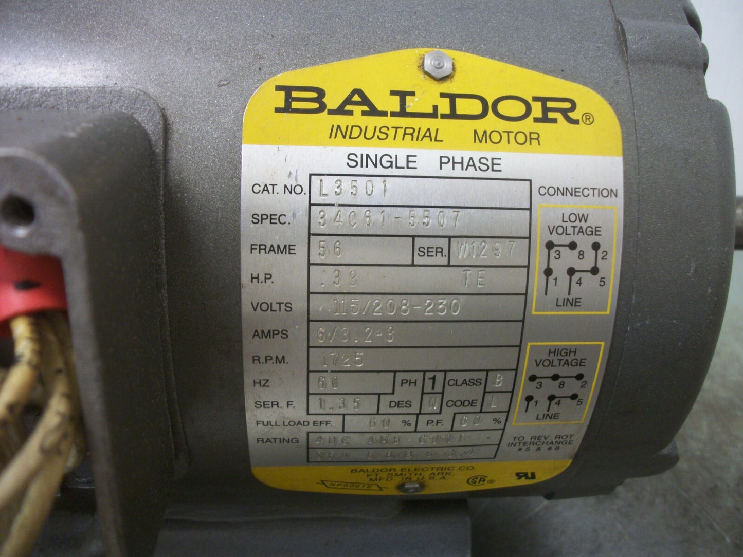 BALDOR .33HP 56 TE AC MOTOR L3501 230VOLT 1PH 1725RPM