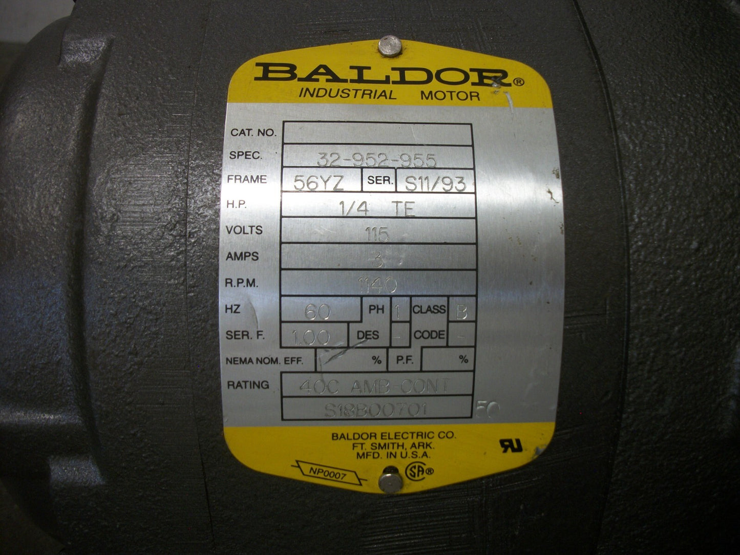 BALDOR 1/4HP 56YZ TE AC MOTOR 32-952-955 115VOLT 1PH 1140RPM NOB