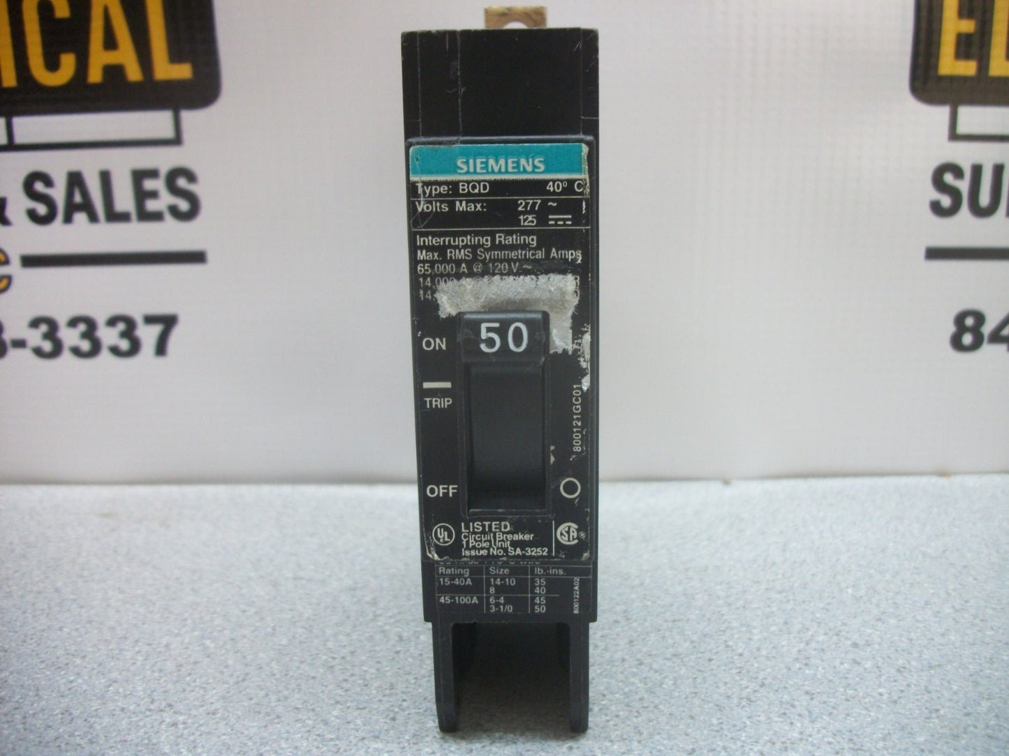 SIEMENS BQD CIRCUIT BREAKER BQD150 50AMP 277VOLT 1POLE