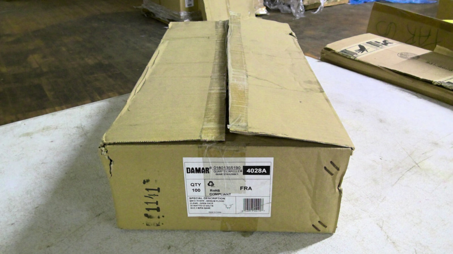 DAMAR 4028A BOX OF 100 MR16 MEDIUM FLOOD CLEAR QUARTZ HALOGEN BULBS FRA NIB