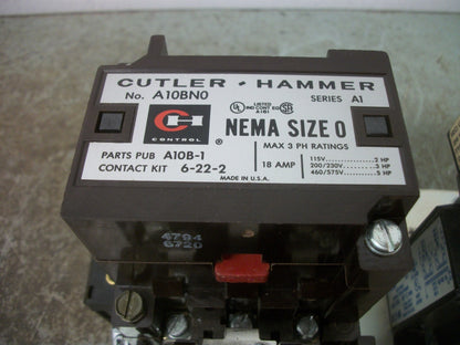 CUTLER-HAMMER SIZE 0 MOTOR STARTER A10BN0 A10BGA0 120VCOIL 3PH 600V 5HP