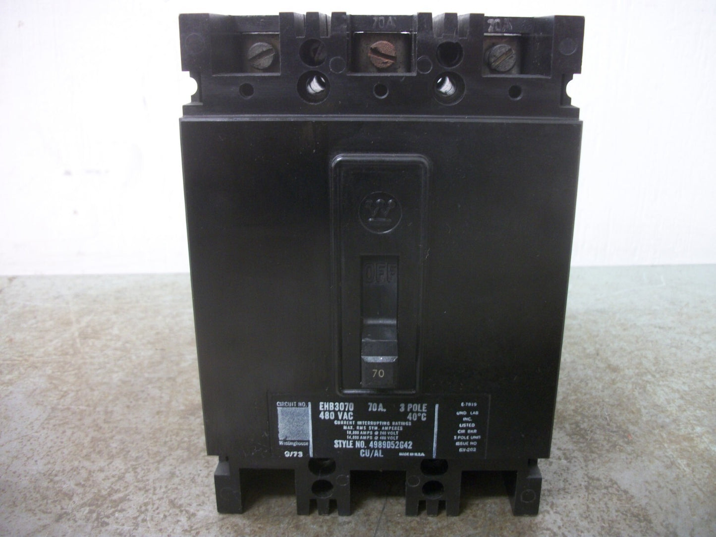 WESTINGHOUSE EHB CIRCUIT BREAKER EHB3070 70AMP 480VOLT 3POLE