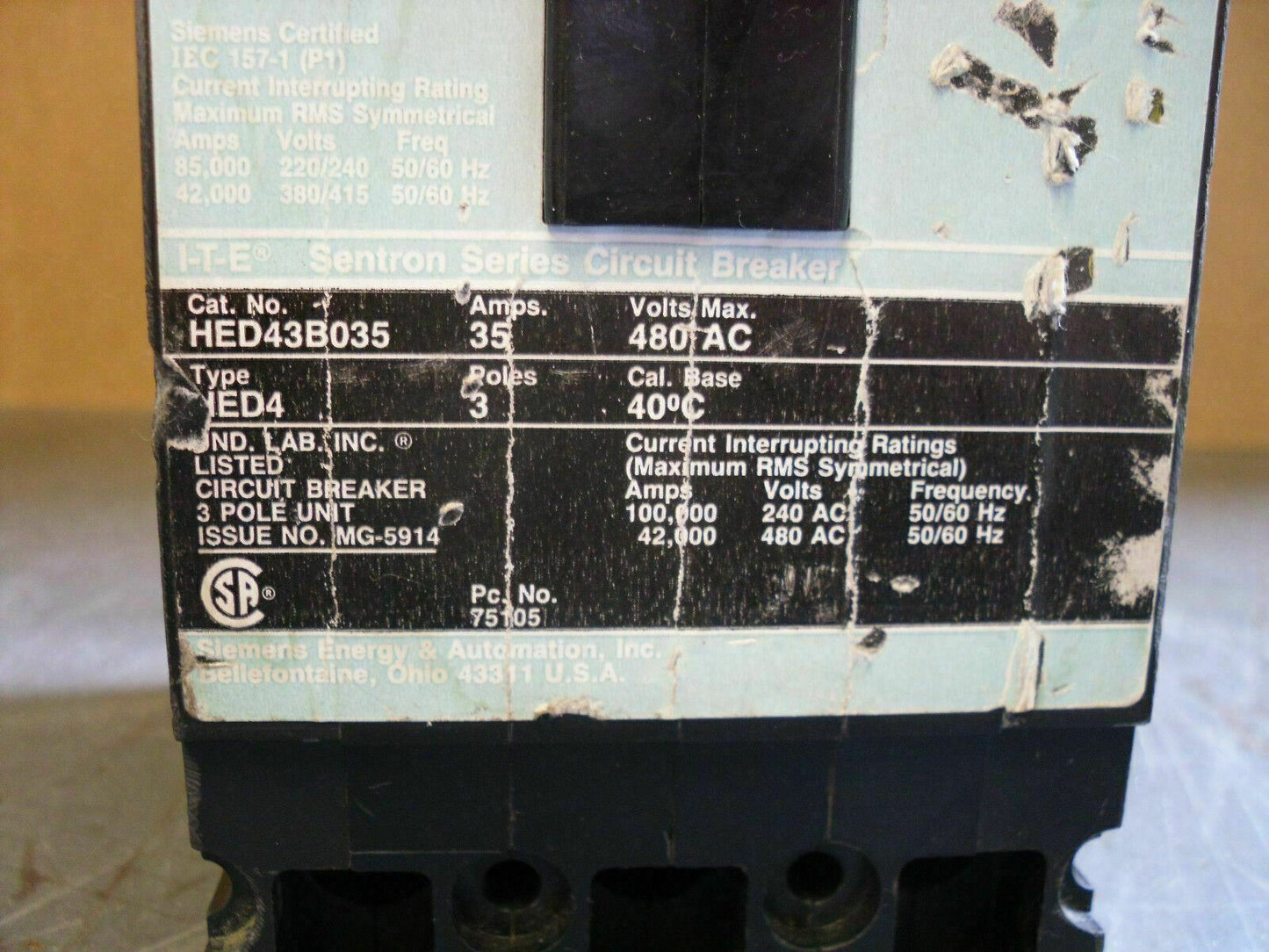 SIEMENS SENTRON HED4 CIRCUIT BREAKER HED43B035 35AMP 480VOLT 3POLE