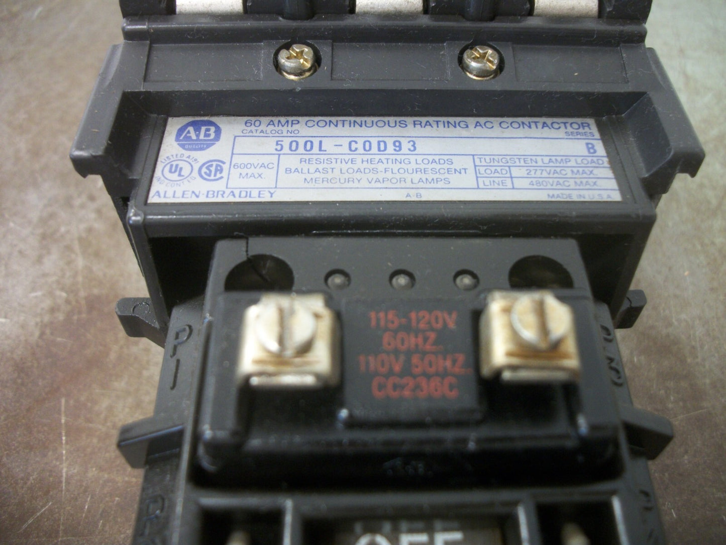 ALLEN-BRADLEY 60AMP 3POLE LIGHTING CONTACTOR 500L-C0D93 120VCOIL