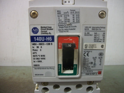 ALLEN-BRADLEY 140U-H6 CIRCUIT BREAKER 140U-H6C3-C30 30AMP 600VOLT 3POLE